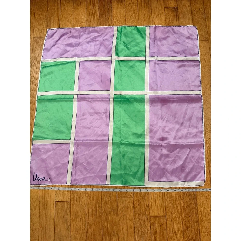 Vana Vintage Square Scarf Purple Green Geometric Colorblock Silk Like 26in